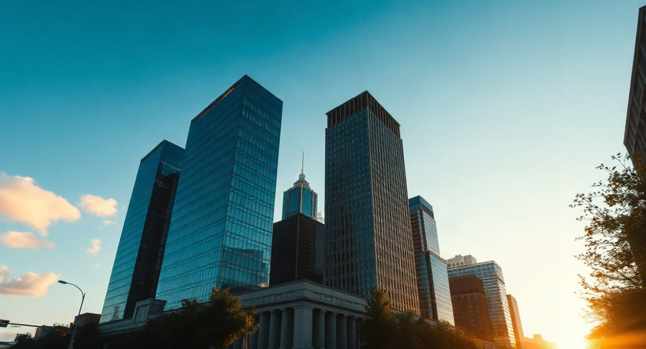 Financial district skyline at golden hour symbolizing long-term market growth