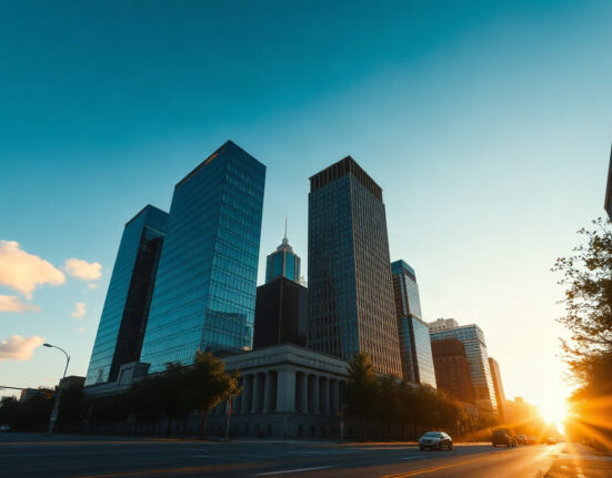 Financial district skyline at golden hour symbolizing long-term market growth