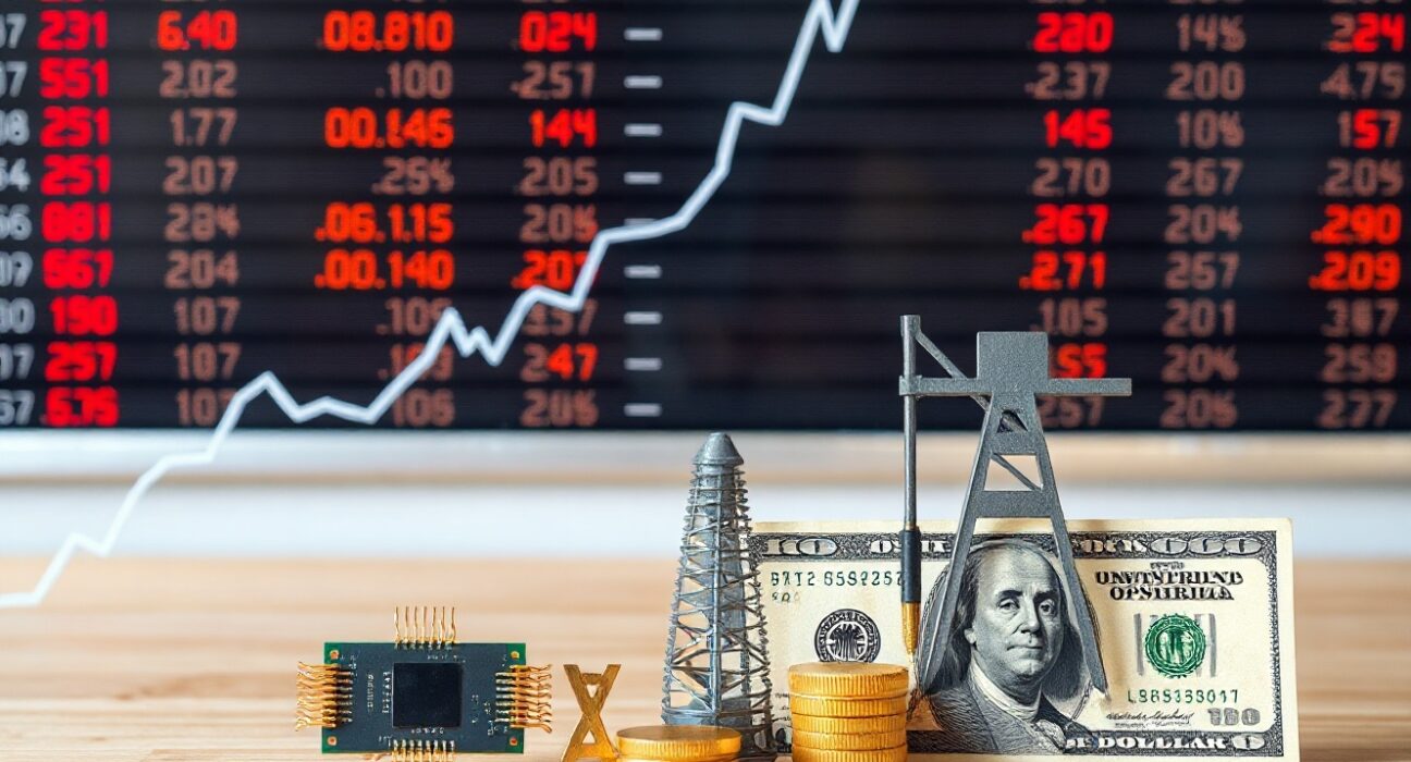 Stock market chart with tech, energy, and dollar symbols rising together