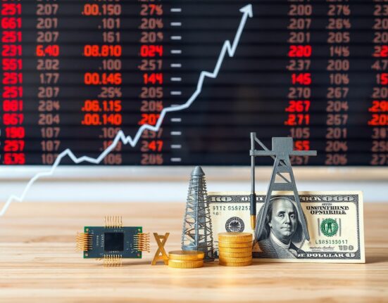 Stock market chart with tech, energy, and dollar symbols rising together