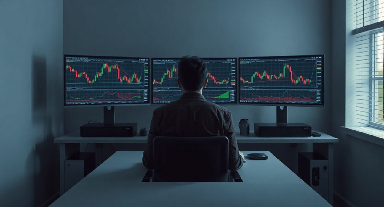 Trader analyzing multiple charts on monitors in a dark room, illustrating the complexity of market timing.