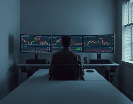 Trader analyzing multiple charts on monitors in a dark room, illustrating the complexity of market timing.