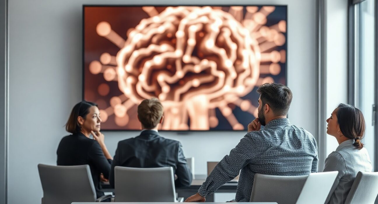 Professionals viewing an AI neural network visualization on a screen, showing skepticism.