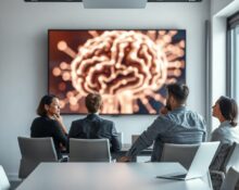 Professionals viewing an AI neural network visualization on a screen, showing skepticism.