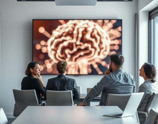 Professionals viewing an AI neural network visualization on a screen, showing skepticism.