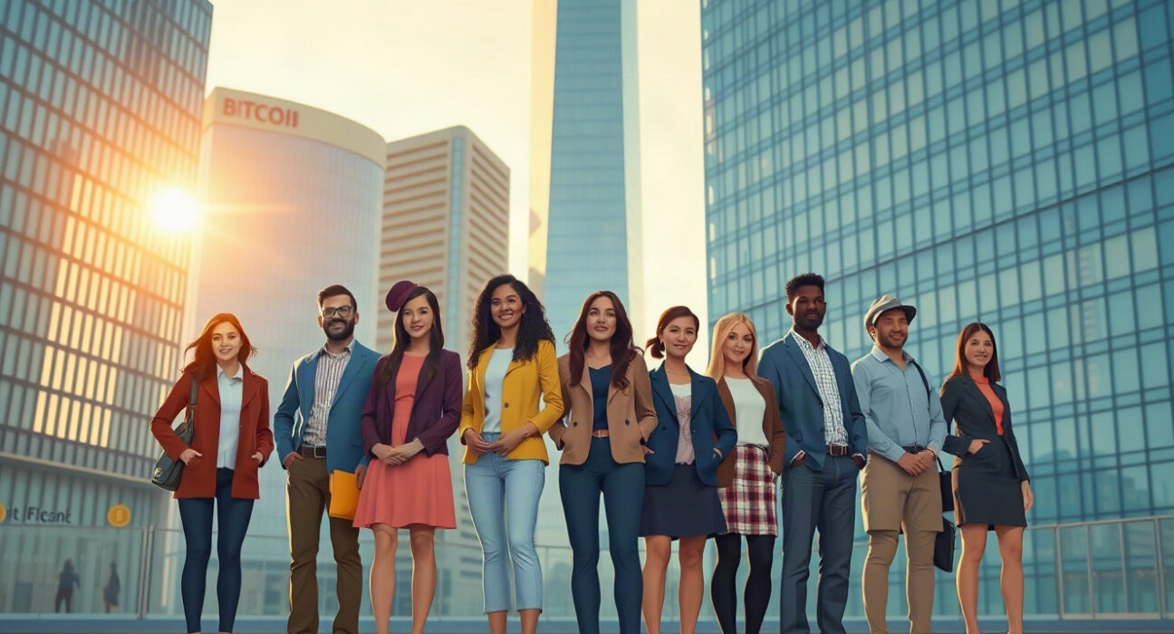 Global Bitcoin adoption concept with diverse people in a financial district, representing widespread ownership.