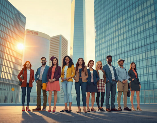 Global Bitcoin adoption concept with diverse people in a financial district, representing widespread ownership.