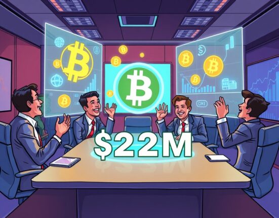 A cartoon illustration showing WiMi Hologram Cloud making a significant WiMi Bitcoin investment, symbolizing corporate adoption of digital assets.