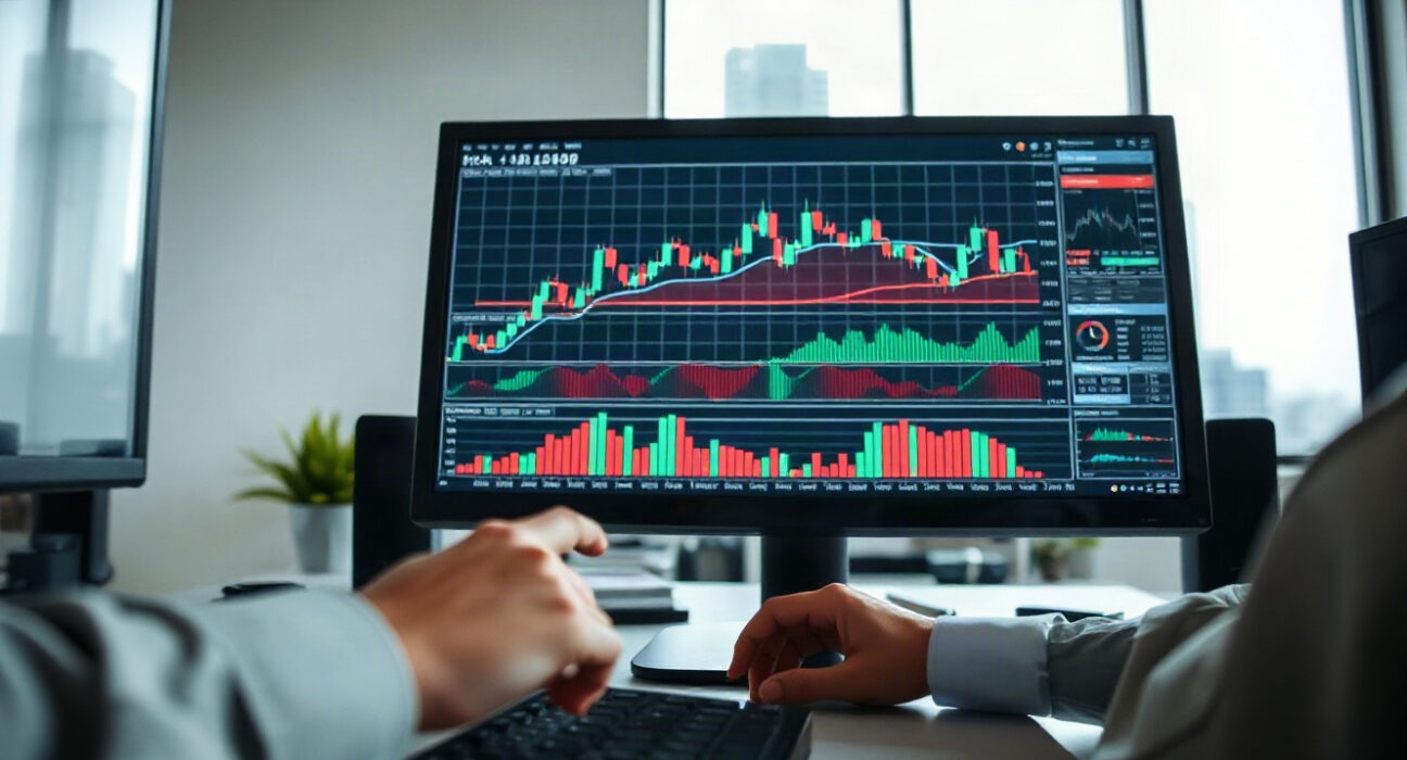 Trader analyzing risk-reward ratio on a chart in a modern office