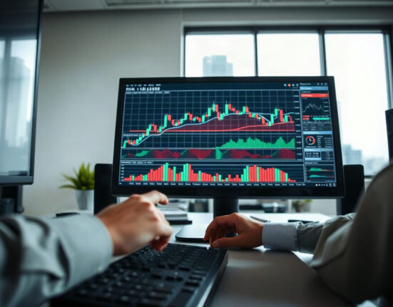 Trader analyzing risk-reward ratio on a chart in a modern office