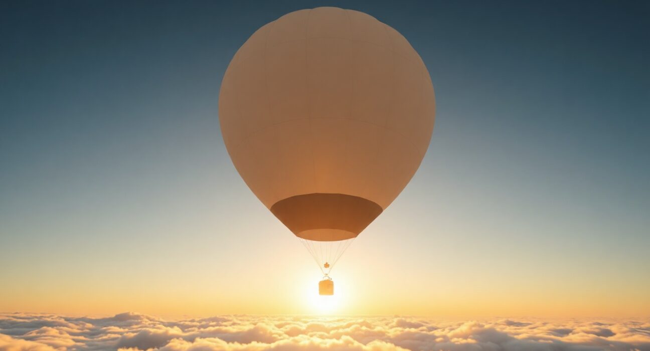 High-altitude weather balloon from WindBorne Systems flying above clouds at sunrise