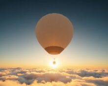 High-altitude weather balloon from WindBorne Systems flying above clouds at sunrise