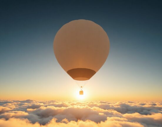 High-altitude weather balloon from WindBorne Systems flying above clouds at sunrise
