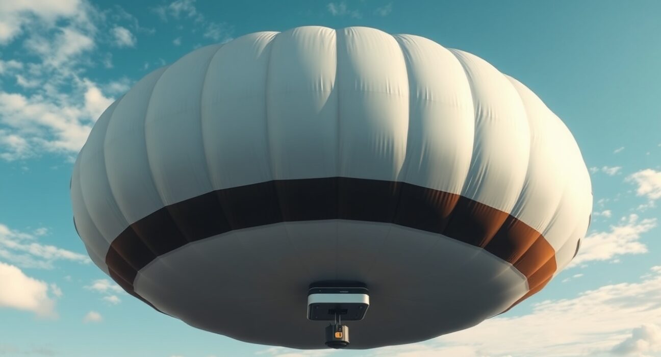 Weather balloon with advanced sensor package against a blue sky, representing Windborne Systems' AI weather forecasting technology.