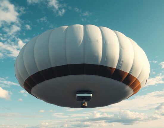 Weather balloon with advanced sensor package against a blue sky, representing Windborne Systems' AI weather forecasting technology.