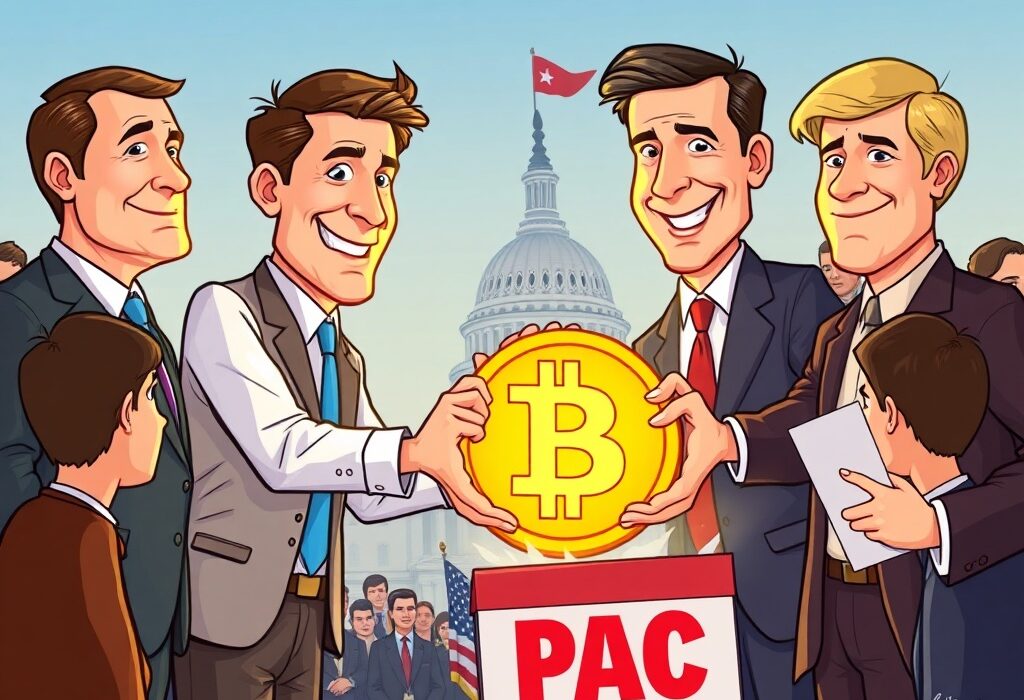 Cartoon illustration of the significant Winklevoss Bitcoin donation to a political fund, supporting crypto advocacy.