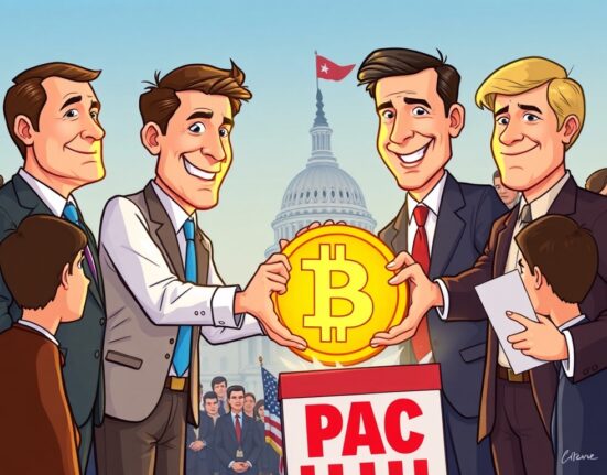 Cartoon illustration of the significant Winklevoss Bitcoin donation to a political fund, supporting crypto advocacy.