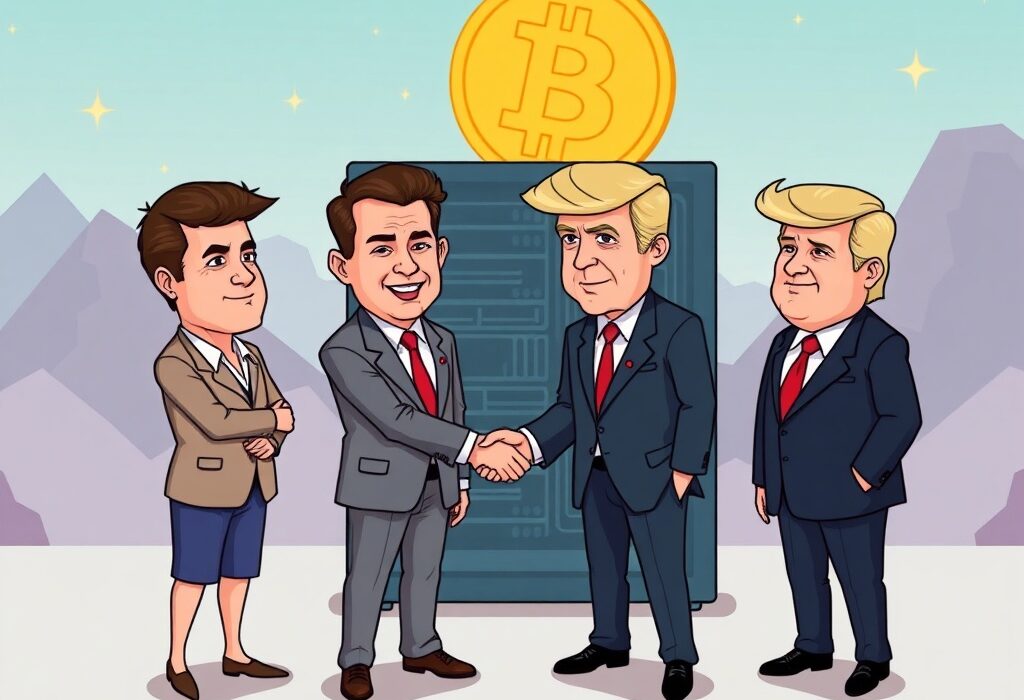 A vibrant cartoon illustrates the impactful Winklevoss twins Bitcoin investment in a new mining venture, signaling significant crypto industry ties.