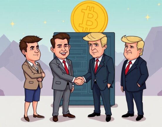 A vibrant cartoon illustrates the impactful Winklevoss twins Bitcoin investment in a new mining venture, signaling significant crypto industry ties.