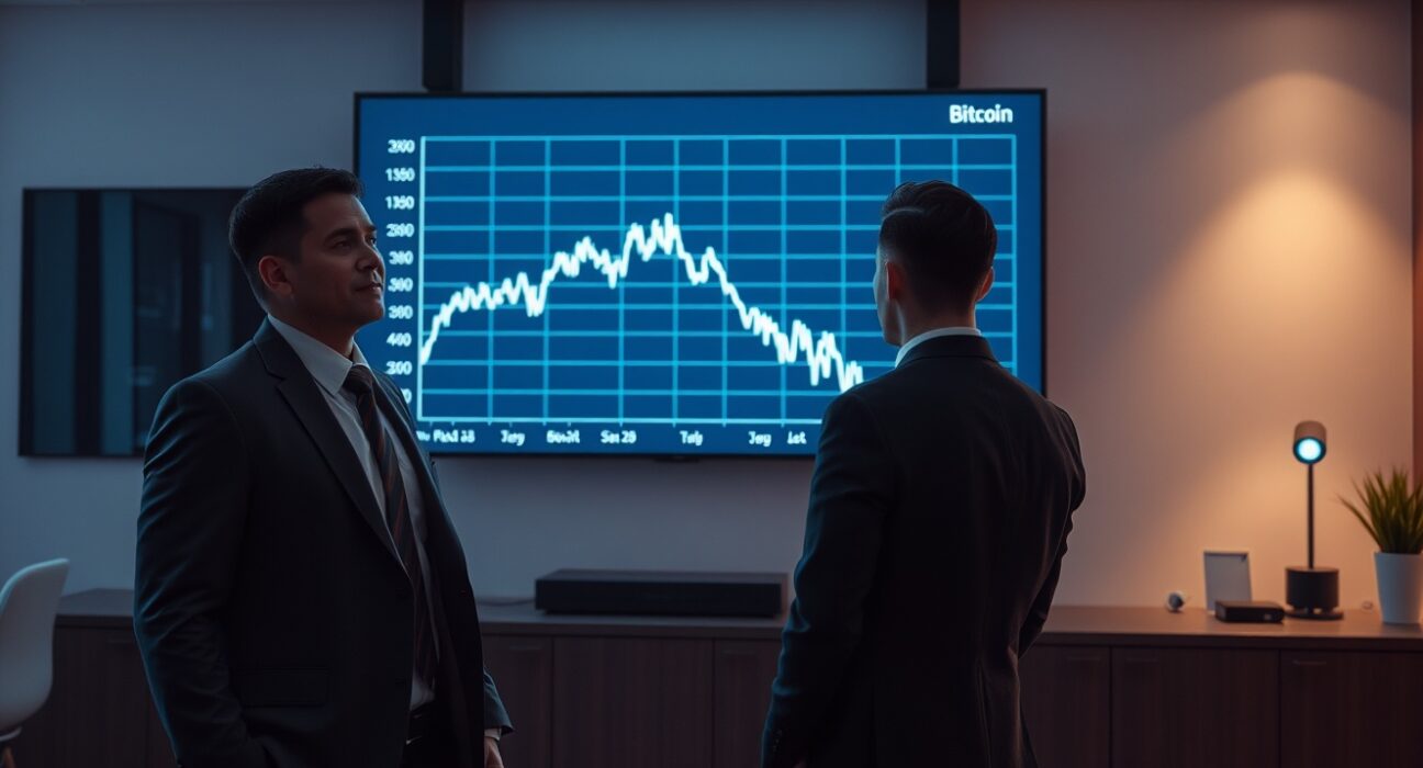 Winklevoss brothers in a modern office looking at a Bitcoin price chart on a large screen.