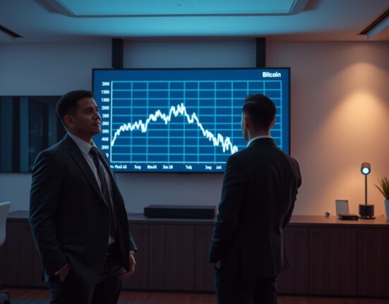 Winklevoss brothers in a modern office looking at a Bitcoin price chart on a large screen.