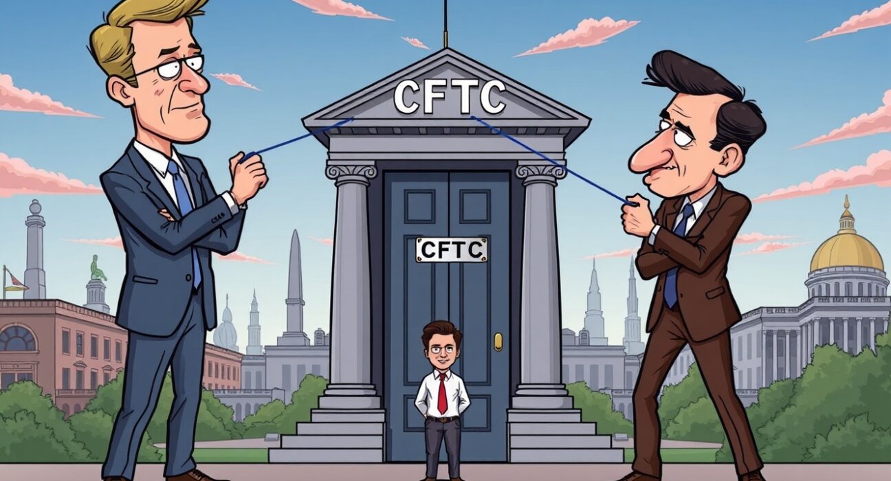 A cartoon illustrating the alleged Winklevoss CFTC influence stalling a confirmation, showing figures subtly pulling strings.