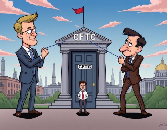 A cartoon illustrating the alleged Winklevoss CFTC influence stalling a confirmation, showing figures subtly pulling strings.