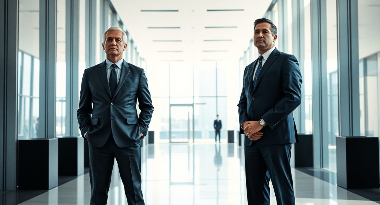 Winklevoss twins standing in a modern office lobby, representing their Bitcoin donation to a Trump super PAC.