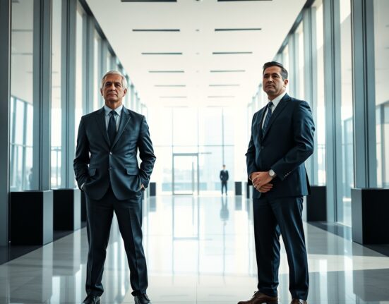Winklevoss twins standing in a modern office lobby, representing their Bitcoin donation to a Trump super PAC.