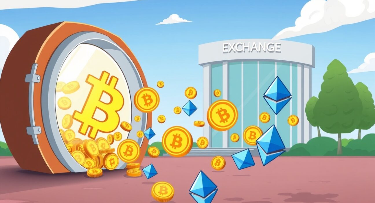 Cartoon illustration of a major Winslow Strong deposits event sending Bitcoin and Ethereum to an exchange.