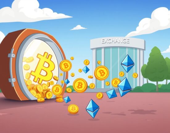 Cartoon illustration of a major Winslow Strong deposits event sending Bitcoin and Ethereum to an exchange.
