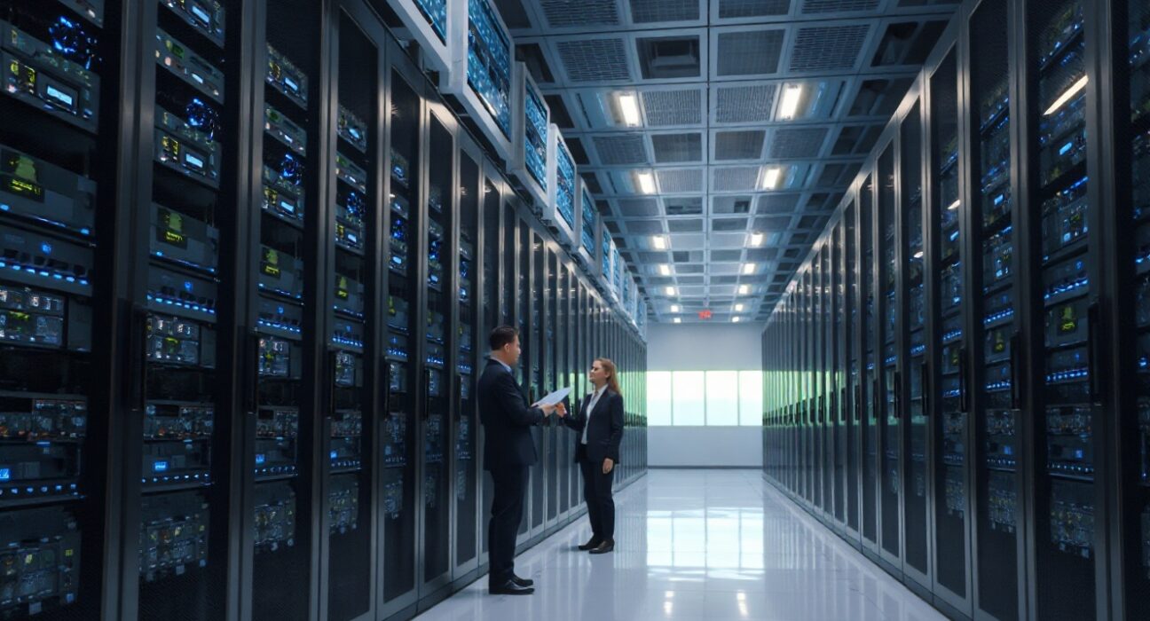 Interior of a modern data center with server racks and engineers, representing Wintermute's investment in HFT and AI infrastructure.