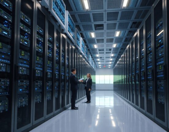 Interior of a modern data center with server racks and engineers, representing Wintermute's investment in HFT and AI infrastructure.