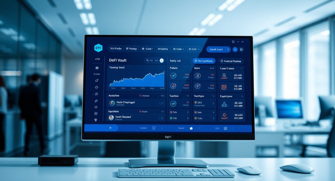 Digital interface of the Armitage DeFi vault platform showing risk-level options and charts.