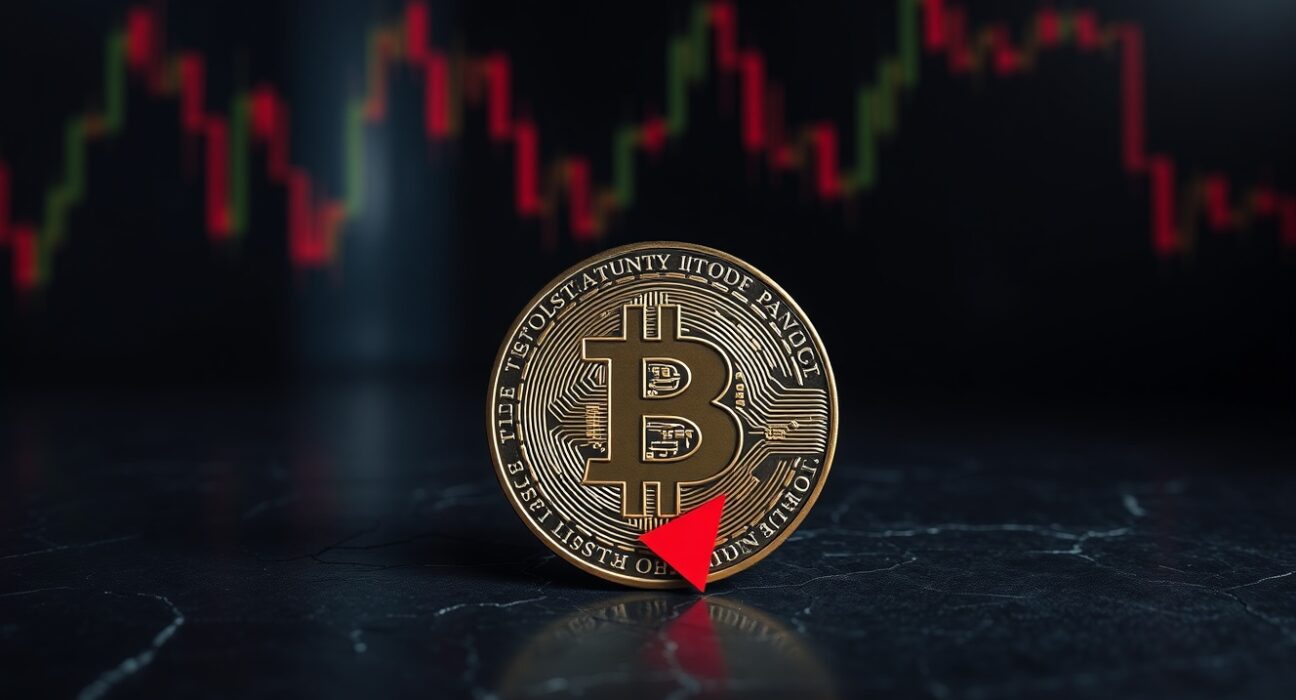 Bitcoin coin on cracked surface with red downward shadow indicating price decline