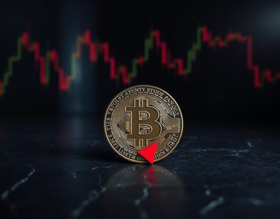 Bitcoin coin on cracked surface with red downward shadow indicating price decline