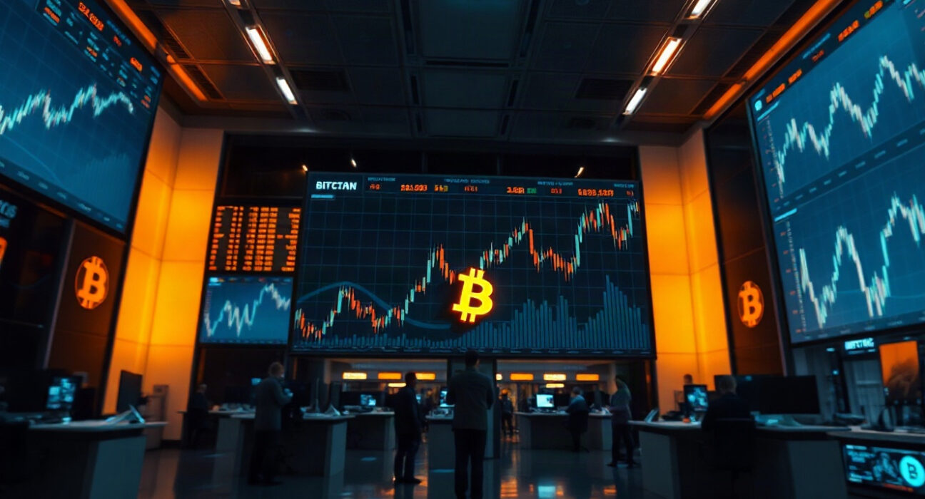Digital screens showing Bitcoin price charts on a trading floor, representing crypto market activity.
