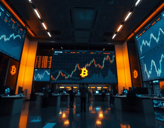 Digital screens showing Bitcoin price charts on a trading floor, representing crypto market activity.