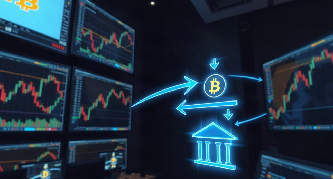 Trading screens showing Bitcoin price charts and a digital transfer visualization, representing a large BTC deposit to Binance.