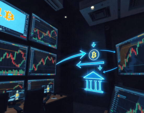 Trading screens showing Bitcoin price charts and a digital transfer visualization, representing a large BTC deposit to Binance.