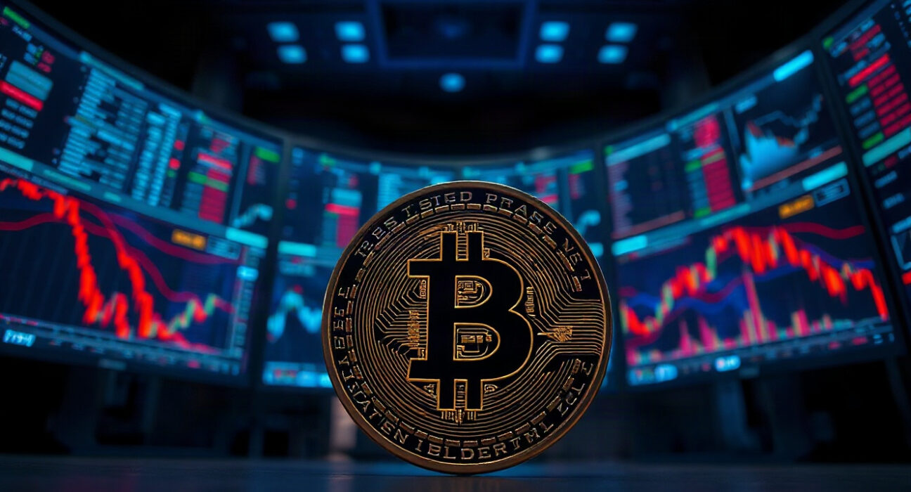 Bitcoin coin in foreground with blurred crypto trading screens in background