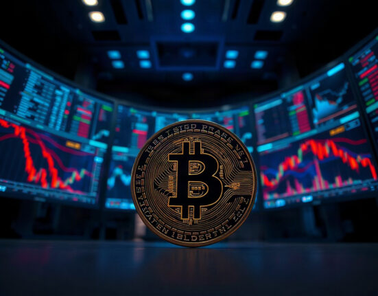 Bitcoin coin in foreground with blurred crypto trading screens in background
