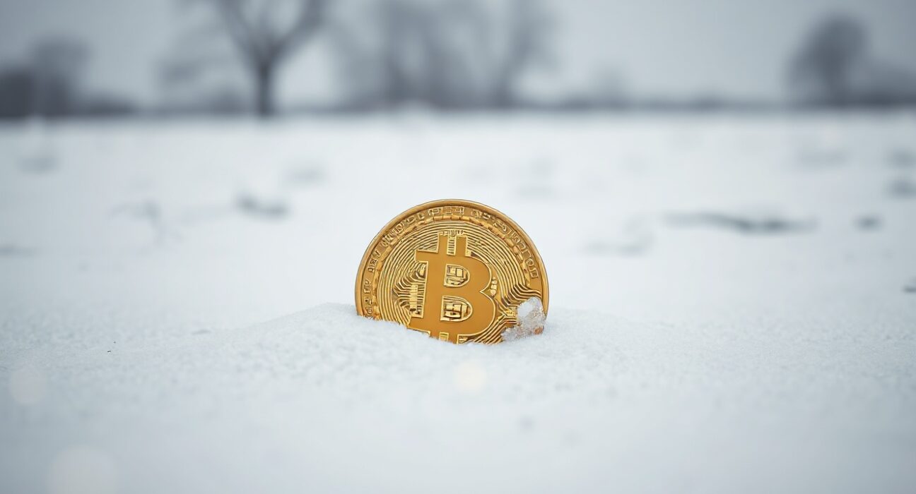 Bitcoin coin partially buried in snow, symbolizing a delayed market bottom in a bear market.