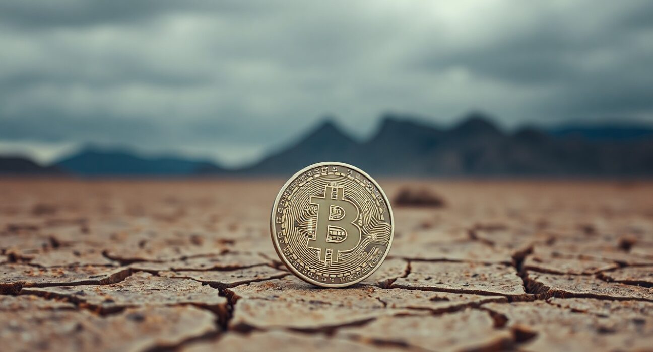 Bitcoin coin on cracked desert floor under overcast sky symbolizing market breakdown risk
