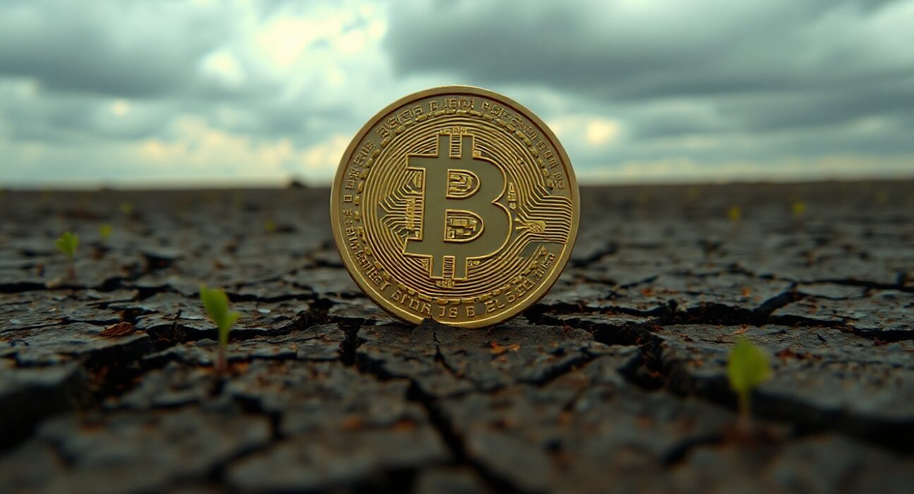 Bitcoin coin on cracked earth under overcast sky symbolizing cautious recovery