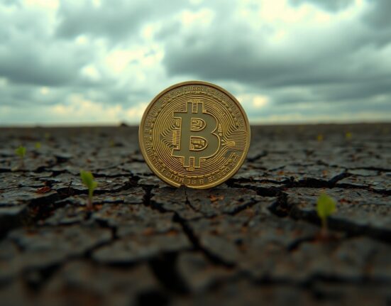 Bitcoin coin on cracked earth under overcast sky symbolizing cautious recovery