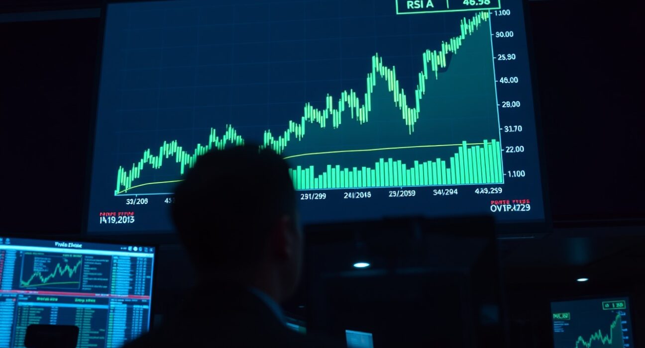 Bitcoin price chart with sharp upward spike on a trading floor screen