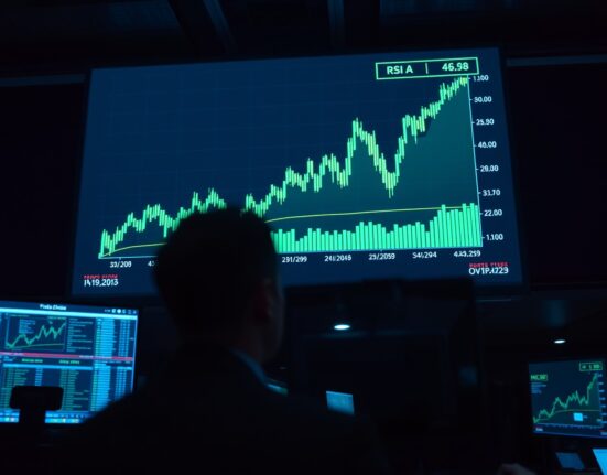 Bitcoin price chart with sharp upward spike on a trading floor screen