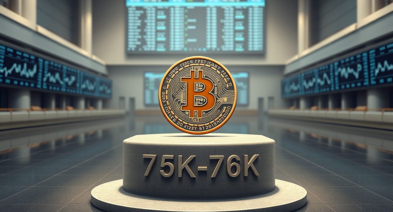 Bitcoin coin on a pedestal engraved with 75K-76K support level on a modern trading floor