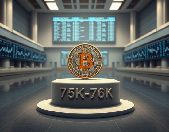 Bitcoin coin on a pedestal engraved with 75K-76K support level on a modern trading floor